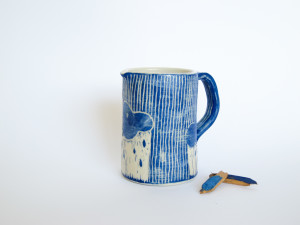 Azzone Alessandra Handmade, blue, ceramics, creamer, pitcher, pottery, pourer, sgraffito, small, stoneware, white