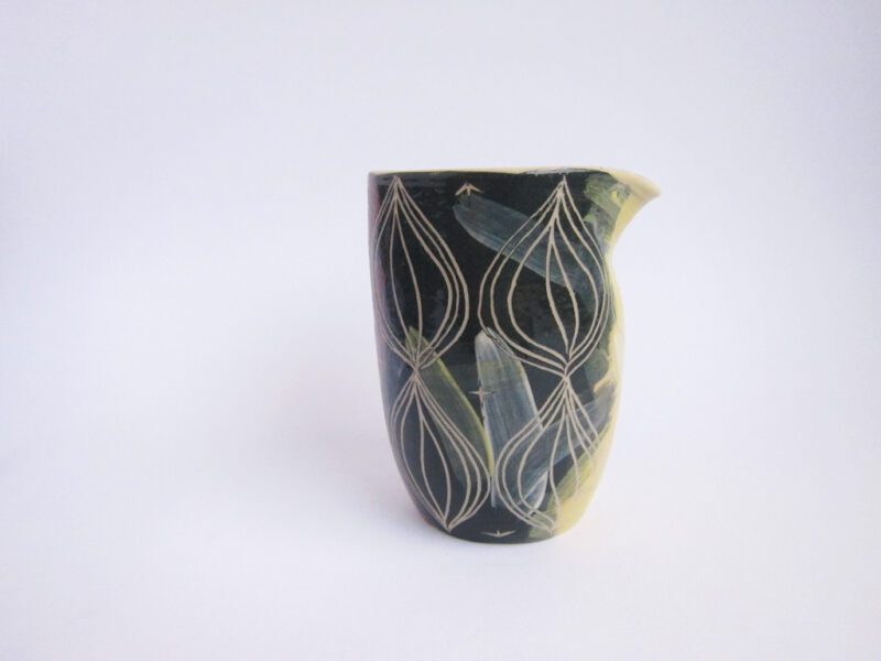 Azzone Alessandra Handmade, brush strokes, ceramics, colours, creamer, green, pitcher, pottery, pourer, purple, sgraffito, stoneware, yellow