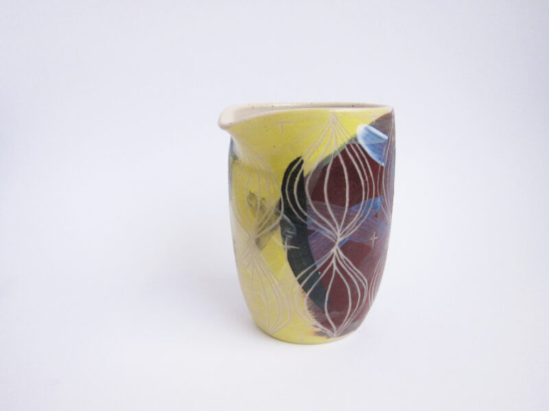 Azzone Alessandra Handmade, brush strokes, ceramics, colours, creamer, green, pitcher, pottery, pourer, purple, sgraffito, stoneware, yellow