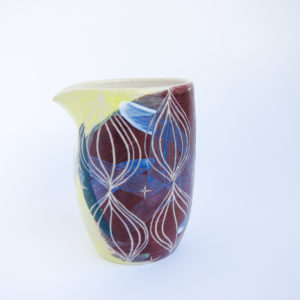 Azzone Alessandra Handmade, brush strokes, ceramics, creamer, green, pitcher, pottery, pourer, purple, sgraffito, stoneware, yellow