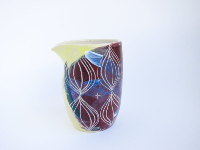 Azzone Alessandra Handmade, brush strokes, ceramics, creamer, green, pitcher, pottery, pourer, purple, sgraffito, stoneware, yellow